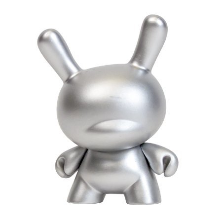 10th Anniversary Dunny - Silver figure, produced by Kidrobot. Front view.