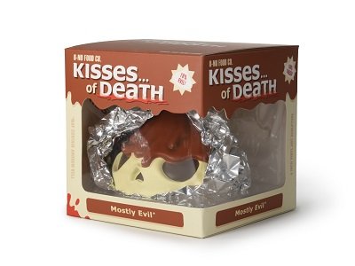 4” Skull Kisses of Death : Mostly Evil -standard edition figure by Andrew Bell, produced by O-No Food Company. Packaging.