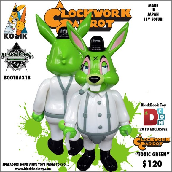 A Clockwork Carrot - Toxic Green, DCon 2013 figure by Frank Kozik, produced by Blackbook Toy. Front view.