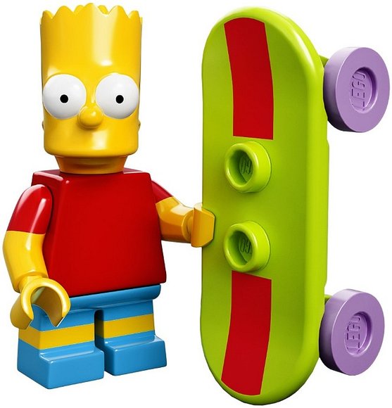Bart Simpson figure by Matt Groening, produced by Lego. Front view.
