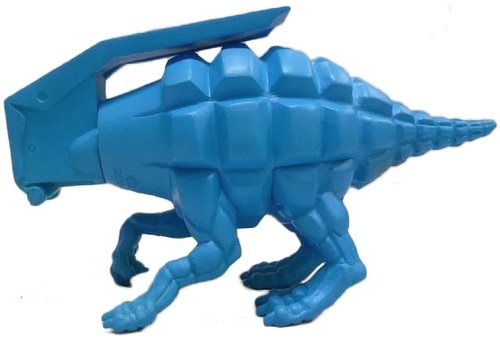 Blue Dinogrenade figure by Ron English, produced by Popaganda. Side view.
