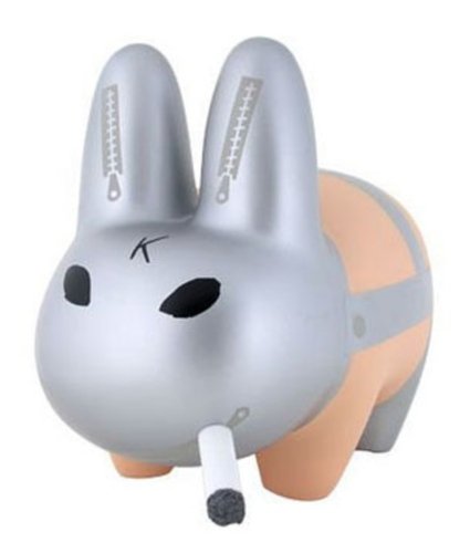 Smorkin Labbit 10 Gimp Silver CiRCA Edition figure by Frank Kozik, produced by Kidrobot. Front view.