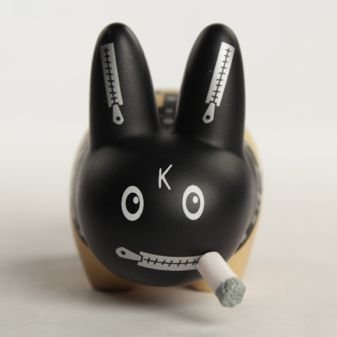 Bondage Smorkin Labbit Mini figure figure by Frank Kozik, produced by Kidrobot. Front view.