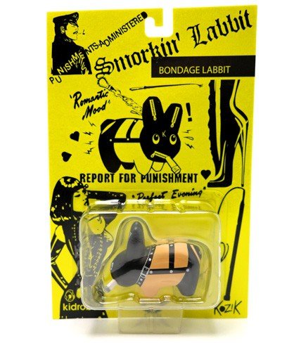 Bondage Smorkin Labbit Mini figure figure by Frank Kozik, produced by Kidrobot. Packaging.