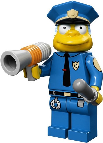 Chief Wiggum figure by Matt Groening, produced by Lego. Front view.