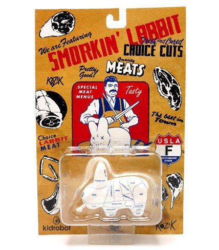 Choice Cuts Smorkin Labbit Mini figure figure by Frank Kozik, produced by Kidrobot. Packaging.