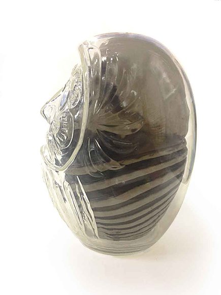 DARUMA SKULL - CLEAR w/ SMOKE GRAY FOSSIL figure by Kazzrock, produced by Secret Base. Side view.