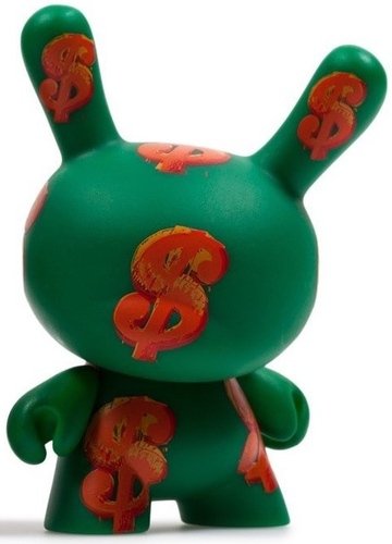 Dollar Sign figure by Andy Warhol, produced by Kidrobot. Front view.