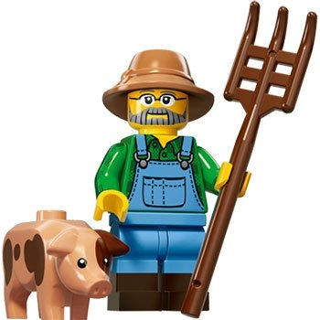 Farmer figure by Lego, produced by Lego. Front view.