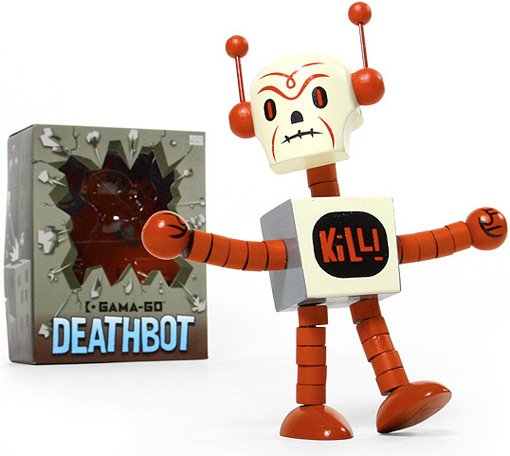Gama-Go Deathbot figure by Tim Biskup, produced by Ningyoushi. Front view.