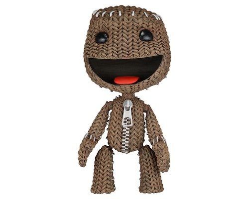 Happy Sackboy figure by Mark Healey And Dave Smith, produced by Neca. Front view.