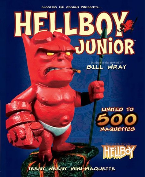 Hellboy Junior figure by Mike Mignola X Bill Wray, produced by Electric Tiki Design. Packaging.
