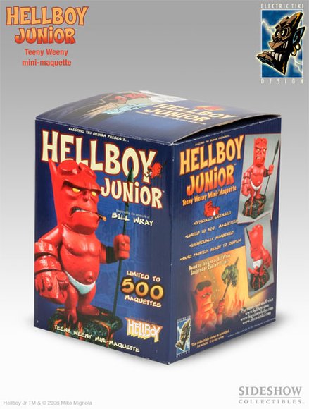 Hellboy Junior figure by Mike Mignola X Bill Wray, produced by Electric Tiki Design. Packaging.