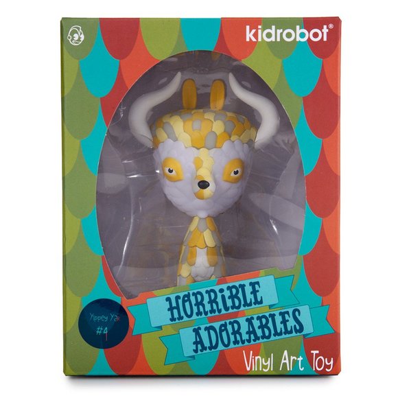 Horrible Adorable: Yippey Yak figure by Jordan Elise, produced by Kidrobot. Packaging.