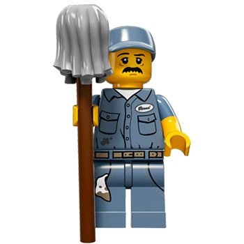 Janitor figure by Lego, produced by Lego. Front view.