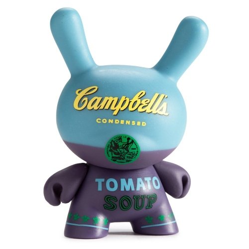 Kidrobot x Andy Warhol Campbells Blue figure by Andy Warhol, produced by Kidrobot. Front view.