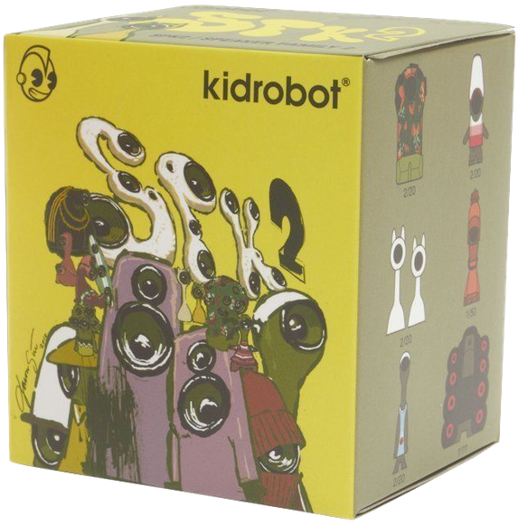 Knit figure by Jason Siu, produced by Kidrobot. Packaging.