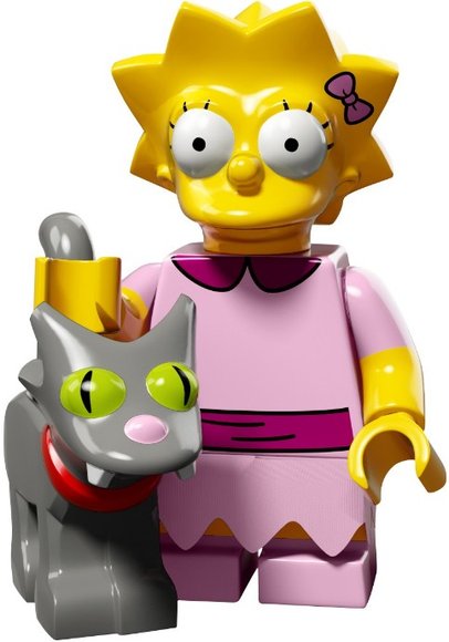 Lisa Simpson with Snowball II figure by Matt Groening, produced by Lego. Front view.