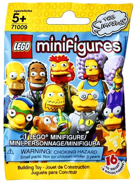 Maggie Simpson with Santas Little Helper figure by Matt Groening, produced by Lego. Packaging.