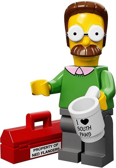 Ned Flanders figure by Matt Groening, produced by Lego. Front view.