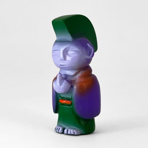 PAINTED PURPLE MINI JIZO-ANARCHO figure by Toby Dutkiewicz, produced by Devils Head Productions. Front view.