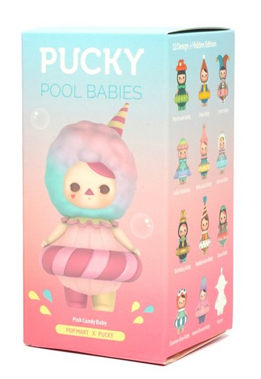 Pink Candy Baby figure by Pucky, produced by Pop Mart. Packaging.