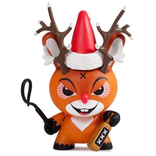 Rise of Rudolph holiday Dunny figure by Frank Kozik, produced by Kidrobot. Front view.