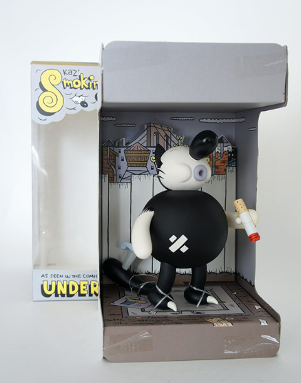 Smoking Cat figure by Kaz, produced by Critterbox. Packaging.