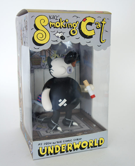 Smoking Cat figure by Kaz, produced by Critterbox. Packaging.
