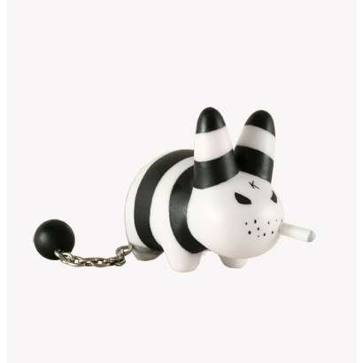 Smorkin Labbit- Ball and Chain figure by Frank Kozik, produced by Kidrobot. Front view.