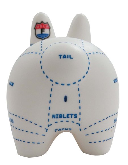 Smorkin Labbit Choice Cuts figure by Frank Kozik, produced by Kidrobot. Back view.