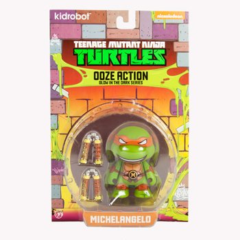 TMNT OOZE ACTION GLOW IN THE DARK MICHELANGELO figure by Viacom, produced by Kidrobot. Packaging.