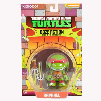 TMNT OOZE ACTION GLOW IN THE DARK RAPHAEL figure by Viacom, produced by Kidrobot. Packaging.