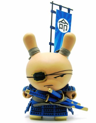 Blue Shogun Dunny figure by Huck Gee, produced by Kidrobot. Front view.
