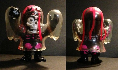 Obake Ghost - pink bones w/ pink drip figure by Balzac, produced by Secret Base. Front view.