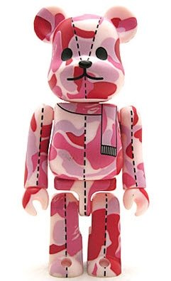 Bape Play Be@rbrick S1 - Pink Camo figure by Bape, produced by Medicom Toy. Front view.