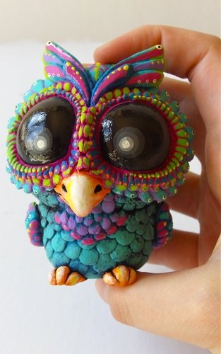 Toddler Owl - Peacock figure by Kathleen Voigt . Front view.
