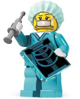 Surgeon figure by Lego, produced by Lego. Front view.