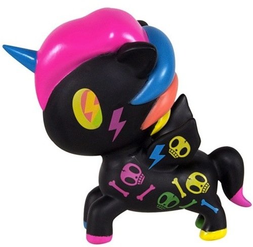 Black Neon Unicorno figure by Simone Legno (Tokidoki), produced by Tokidoki. Front view.