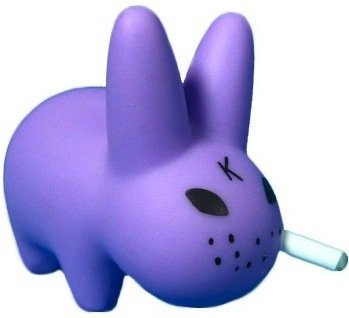 Purple Labbit figure by Frank Kozik, produced by Kidrobot. Front view.