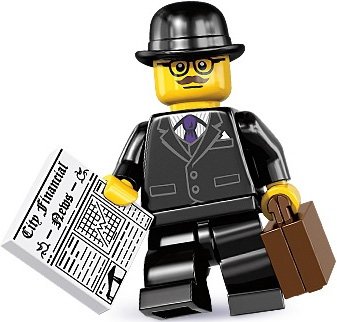 Businessman figure by Lego, produced by Lego. Front view.