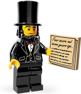 Abraham Lincoln figure by Lego, produced by Lego. Front view.