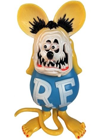 Rat Fink Sofubi toy Yellow figure by Ed Roth, produced by Mooneyes. Front view.