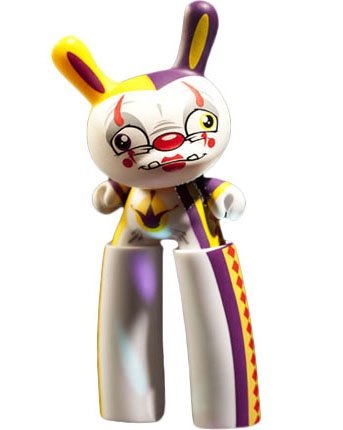 Yellow/Purple Clown Dunny figure by Scribe, produced by Kidrobot. Front view.