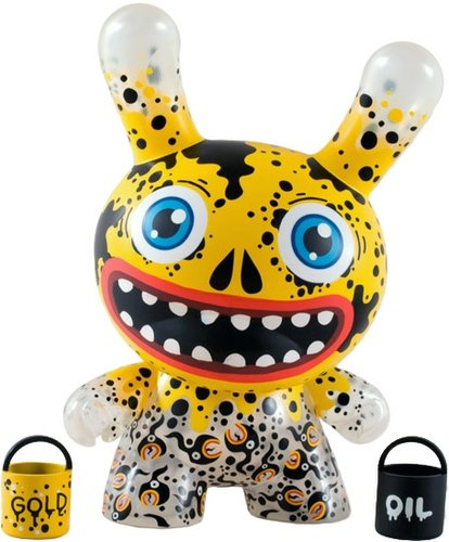 Oil Slick Dunny: Gold figure by Skwak, produced by Kidrobot. Front view.