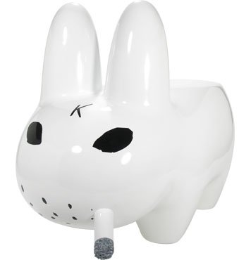 White Smorkin Labbit Stool figure by Frank Kozik, produced by Kidrobot. Front view.