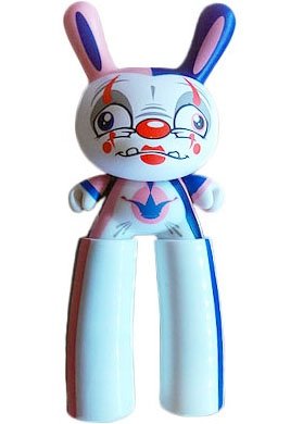 Pink/Blue Clown Dunny figure by Scribe, produced by Kidrobot. Front view.
