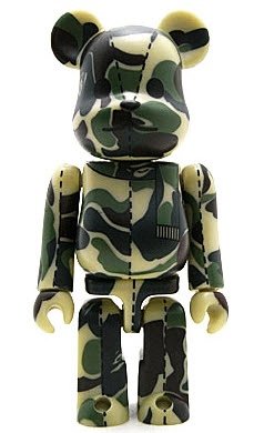 Bape Play Be@rbrick S1 - Green Camo figure by Bape, produced by Medicom Toy. Front view.