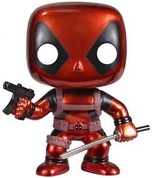 Metallic Deadpool POP! - SDCC 2013 figure by Marvel, produced by Funko. Front view.