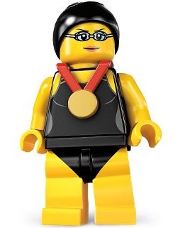 Swimming Champion figure by Lego, produced by Lego. Front view.